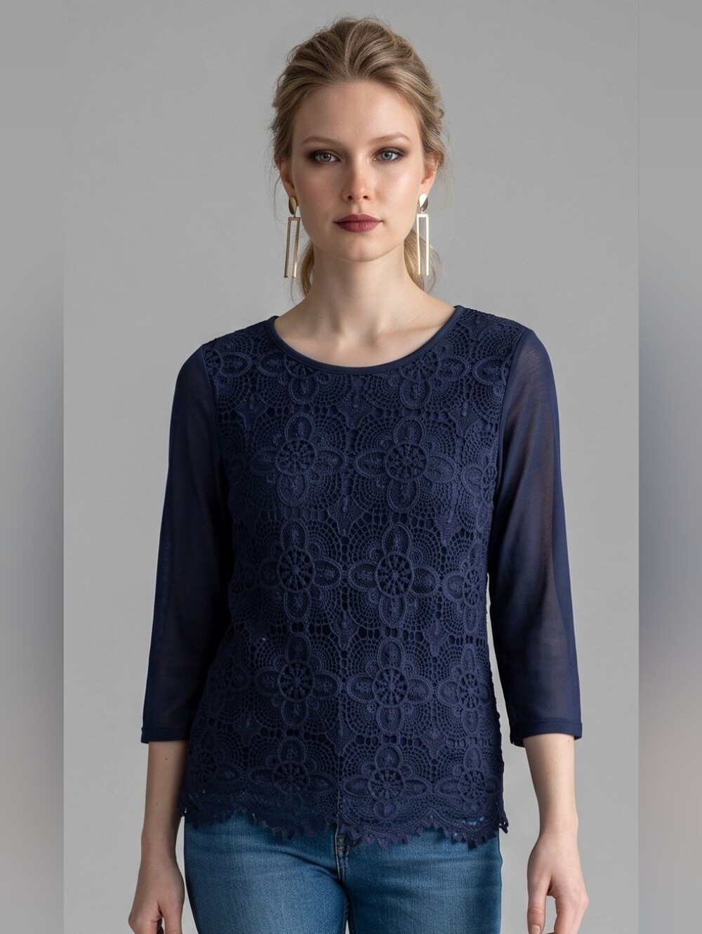 J. Crew Navy Crochet Lace 3/4 Sleeve Top
